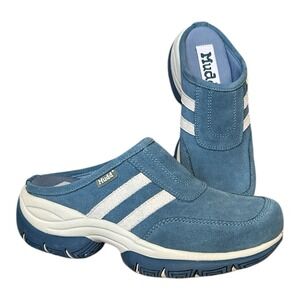 MUDD Blue Suede w/ Gray Stripes Slip On Mules sz 8.5 M Rubber Soles Y2K Sporty